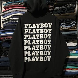 PLAYBOY Repeat Logo Black Hoodie - Men's Graphic Pullover